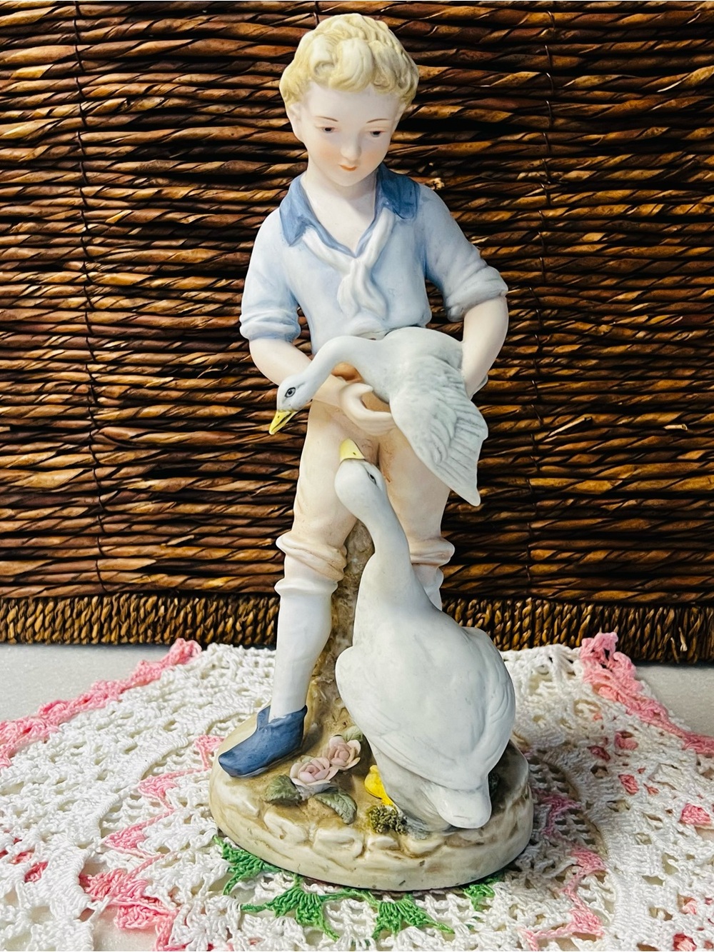 Vintage Andrea by Sadek Porcelain Figurine Boy with Geese Hand Painted Bisque